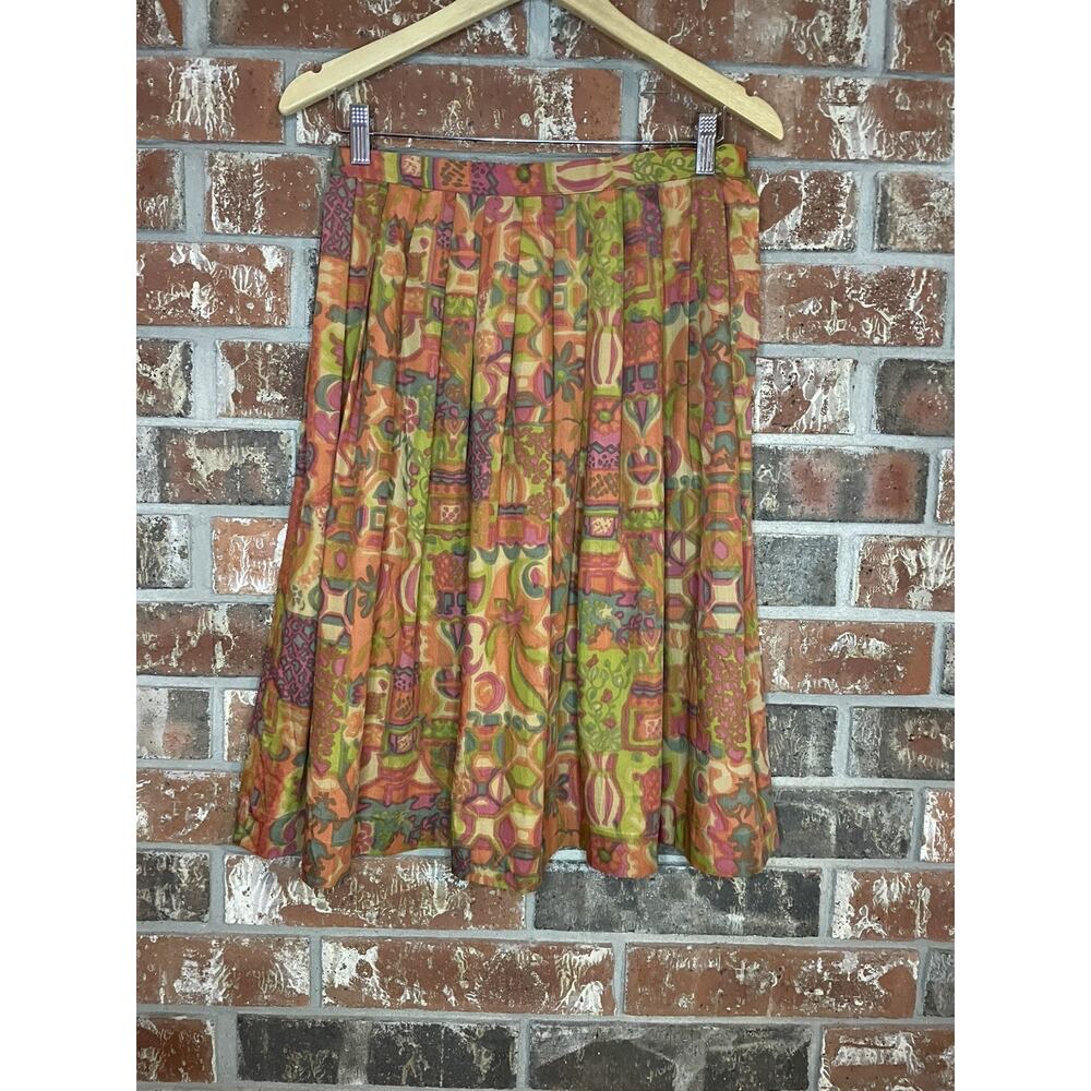 Vintage Handmade Pleated Burnt Orange Abstract Floral Midi A-line Skirt Size 4
